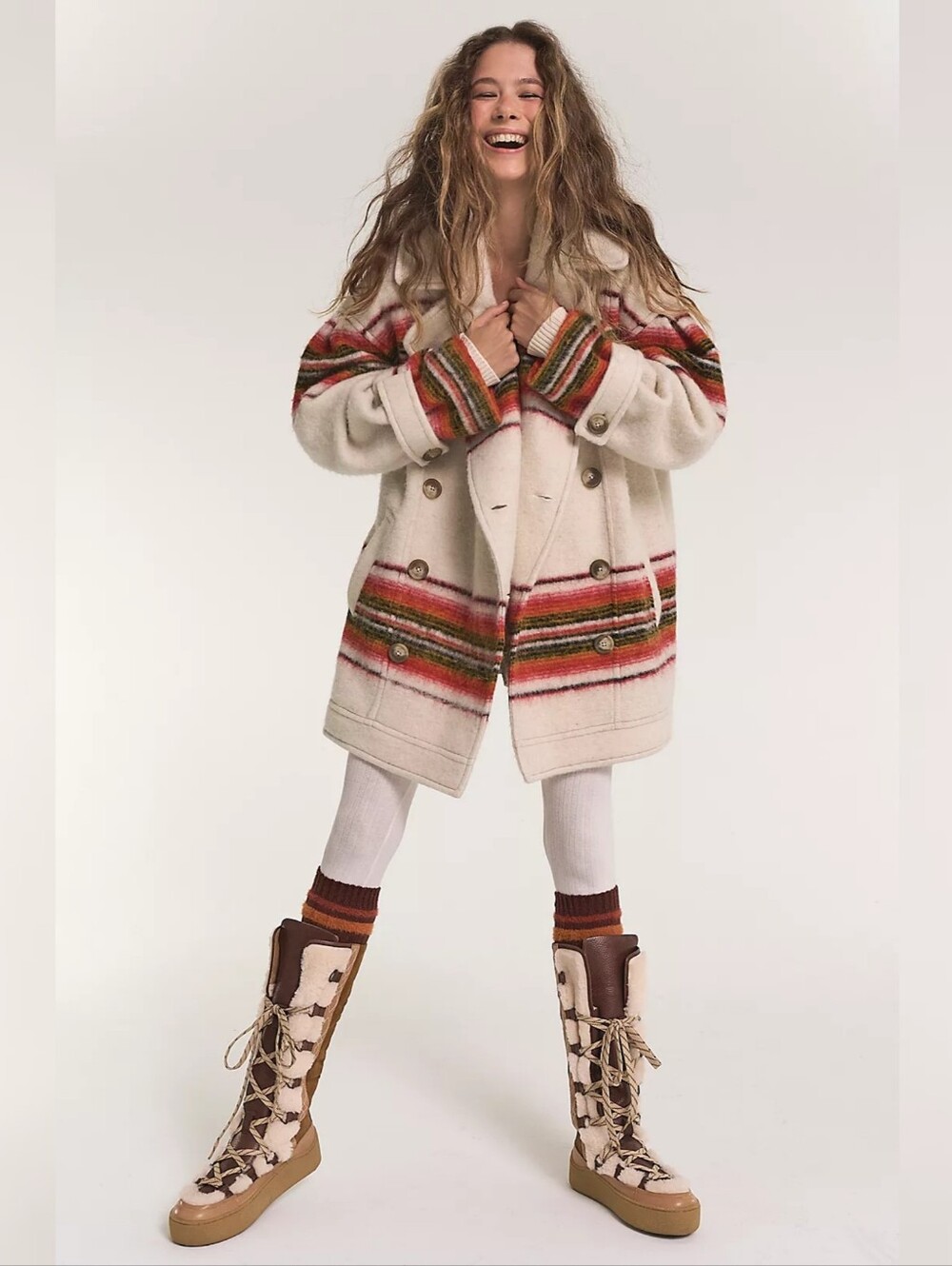 Free People Henri Wool Stripe Coat Red and‎ White Striped Women's Size Medium